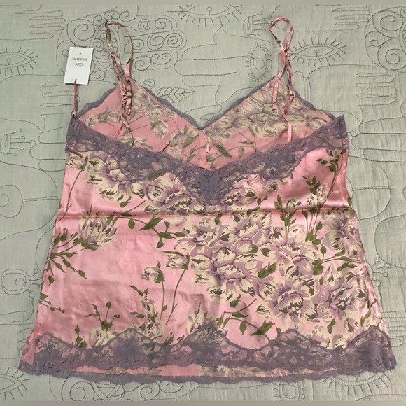 NEW Gold Hawk Floral Print Lace Silk Cami Sz L Pink Blossom Purple Lace - Picture 6 of 7